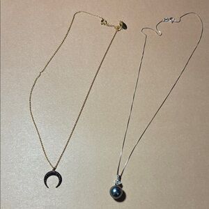2 necklaces: pearl and black moon rhinestone